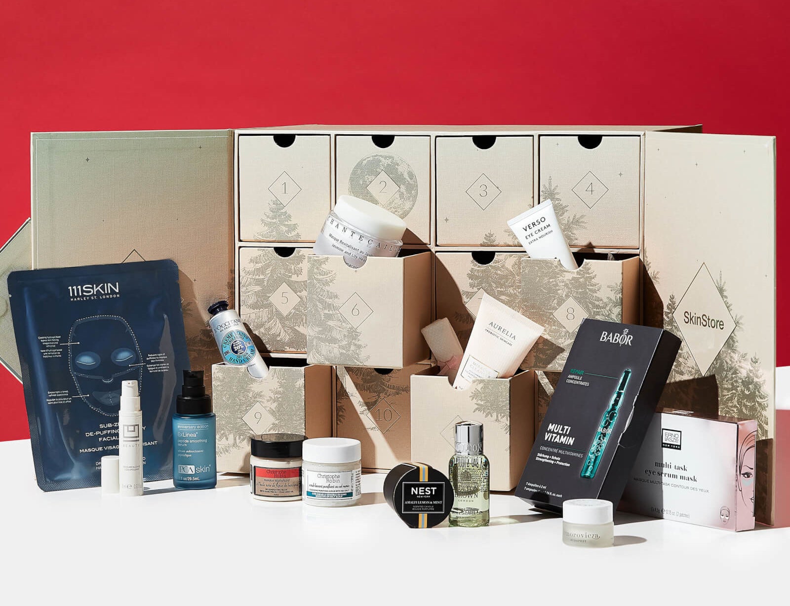 The various drawers of the SkinStore advent calendar with the different products that come in it