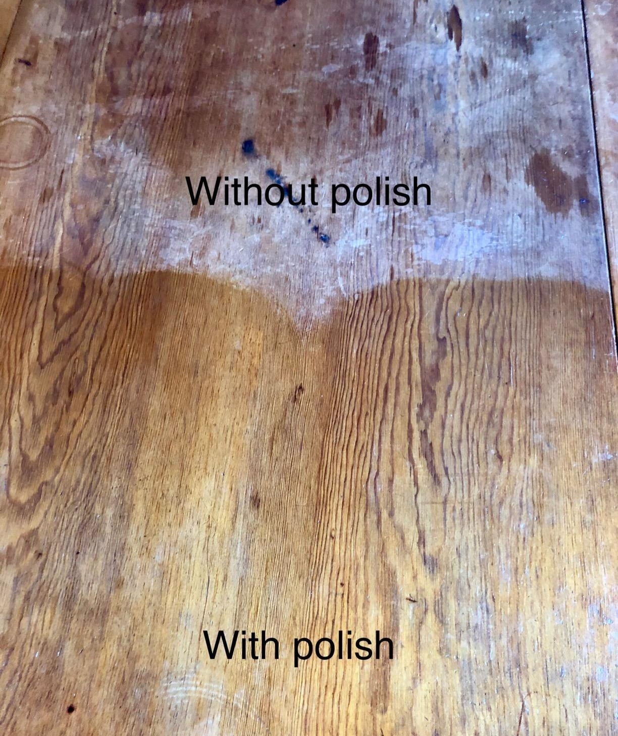 Reviewer image of stained wood without use of polish and clean wood with use of polish