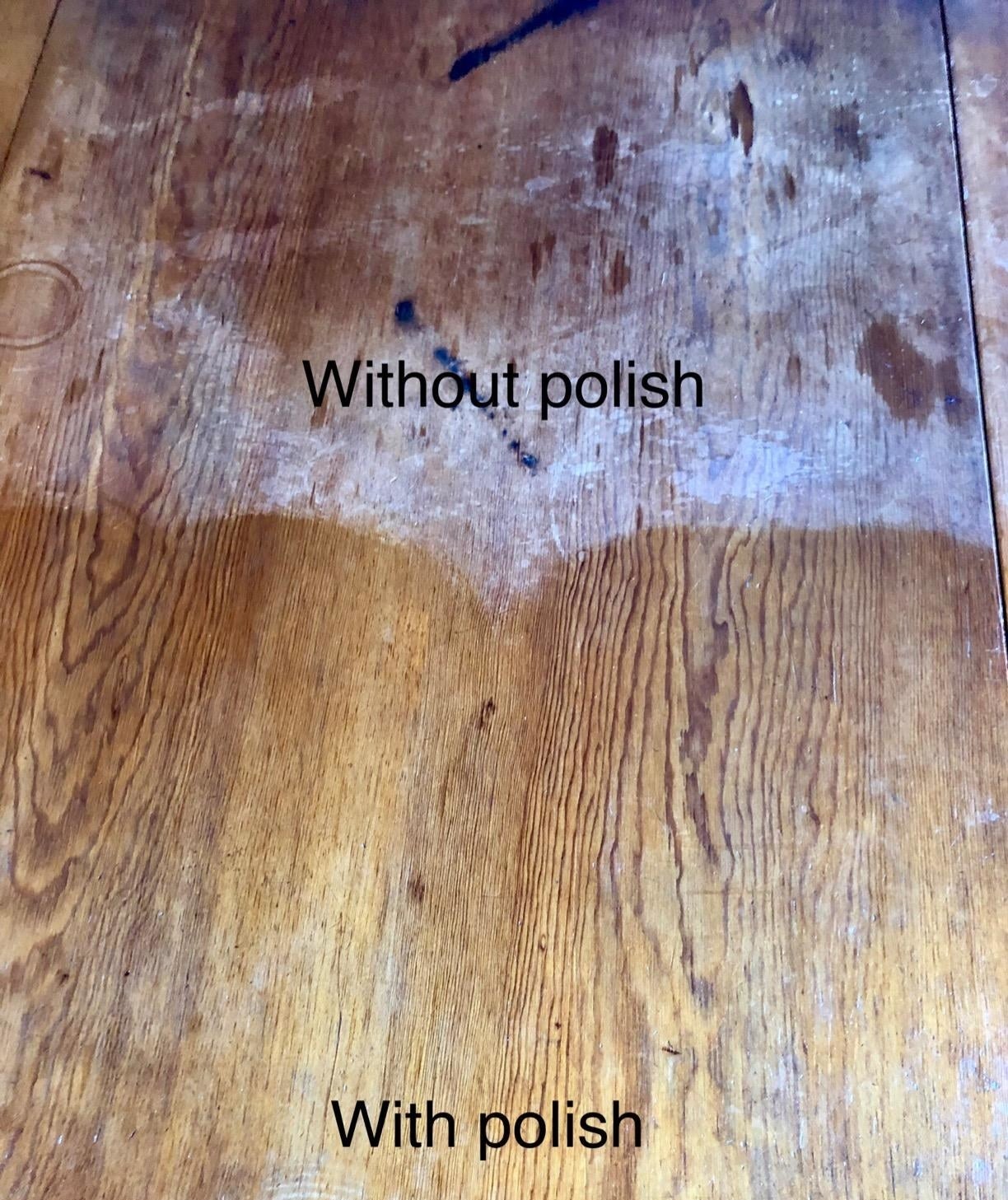 Reviewer image of stained wood without use of polish and clean wood with use of polish