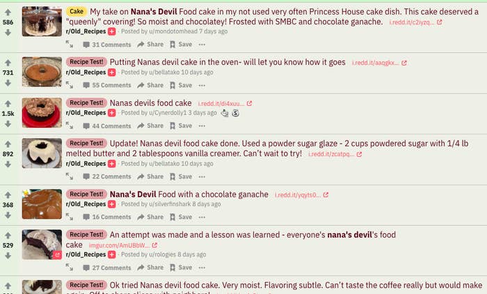 A Reddit chain of people discussing and posting photos of their attempts at Nanas devil&#x27;s food cake.
