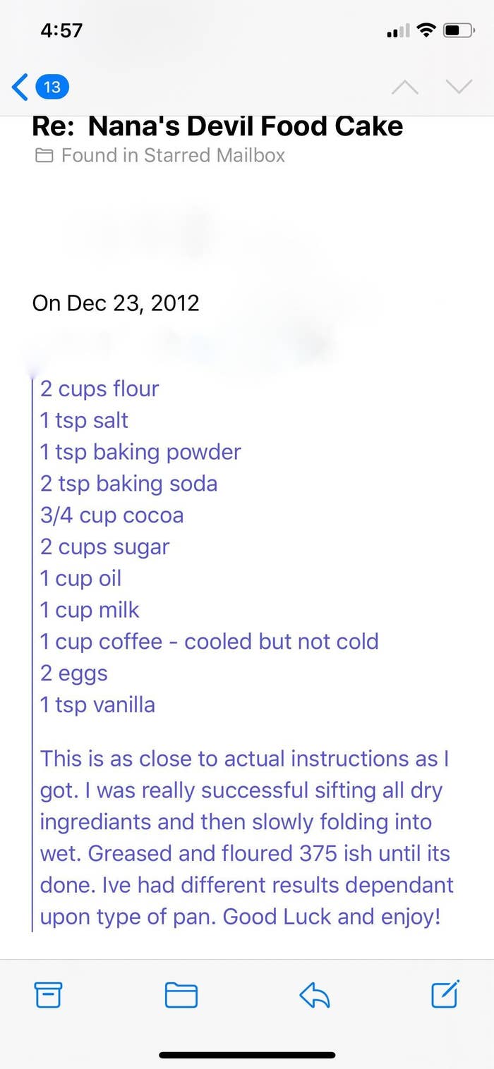 The passed-down recipe for nanas devil&#x27;s food cake found on Reddit.