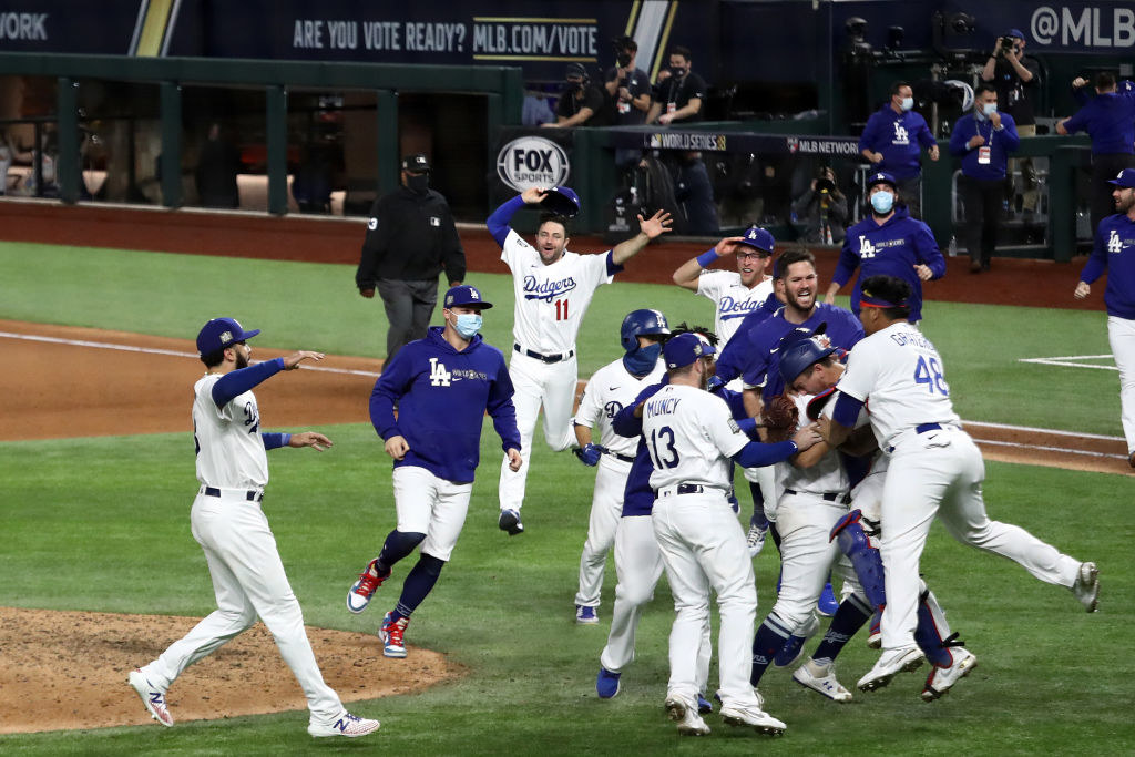 The Los Angeles Dodgers celebrate after defeating the Tampa Bay Rays 3-1 in Game Six