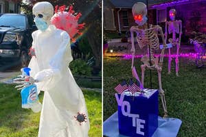 A skeleton in PPE with a bottle of Lysol running from the coronavirus, and two skeletons in line to vote