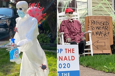 A skeleton in PPE with a bottle of Lysol running from the coronavirus, and a skeleton of a Trump support with a sign that says "Refused to wear a mask"