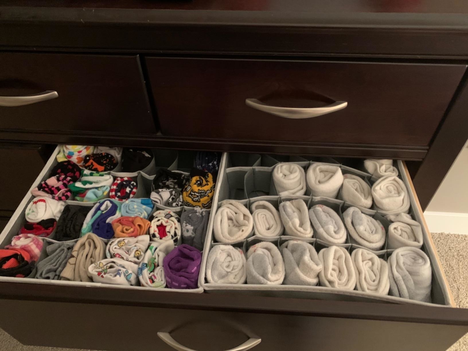 Reviewer image of two full joyoldelf sock drawer organizers