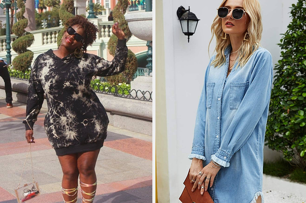 On the left, a reviewer in a tie-dye hoodie dress. On the right, a model in a denim shirtdress