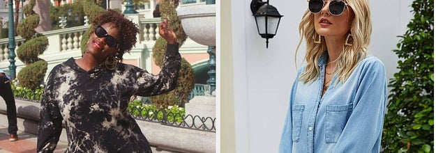 On the left, a reviewer in a tie-dye hoodie dress. On the right, a model in a denim shirtdress