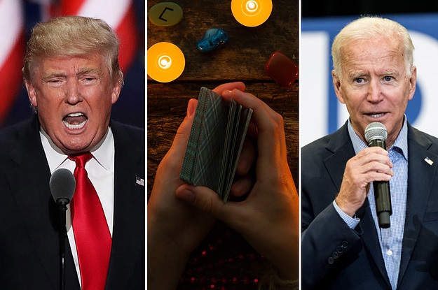 Trump, hands holding tarot cards, and Biden