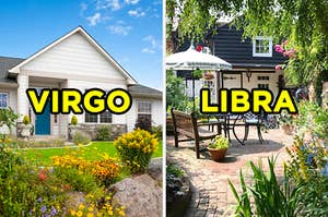 On the left, the exterior of a home with a flower garden out front labeled "Virgo," and on the right, a backyard with stones on the ground, a bench, and an outdoor table surrounded by plants labeled "Libra"