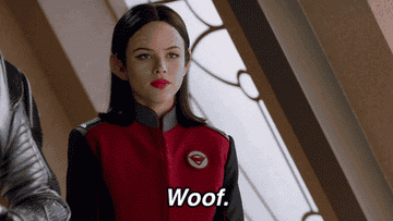 Gif of character from The Orville saying Woof