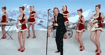 A GIF of Billy Mack dancing in a music video in the film &#x27;Love Actually&#x27;