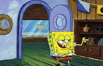 Spongebob Squarepants leaving a room backward doing finger guns