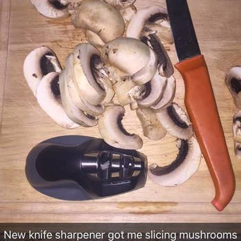 knife sharpener on chopping board with mushrooms and knife with text 