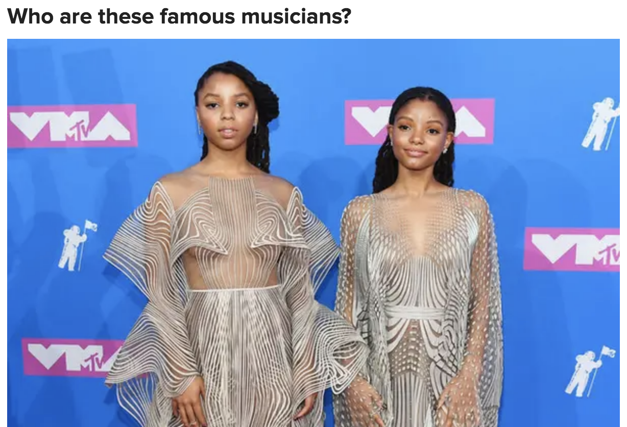 Chloe x Halle posing on the red carpet, with the text: &quot;Who are these famous musicians?&quot;