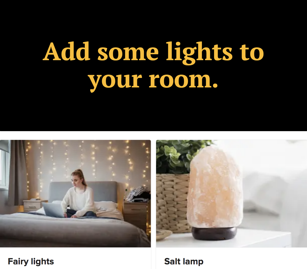 A quiz question asking what kind of lights you want to put in your dorm room, including fairy lights and salt lamps