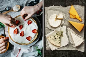 On the left, people putting sliced strawberries on top of a cake, and on the right, various wedges of cheese