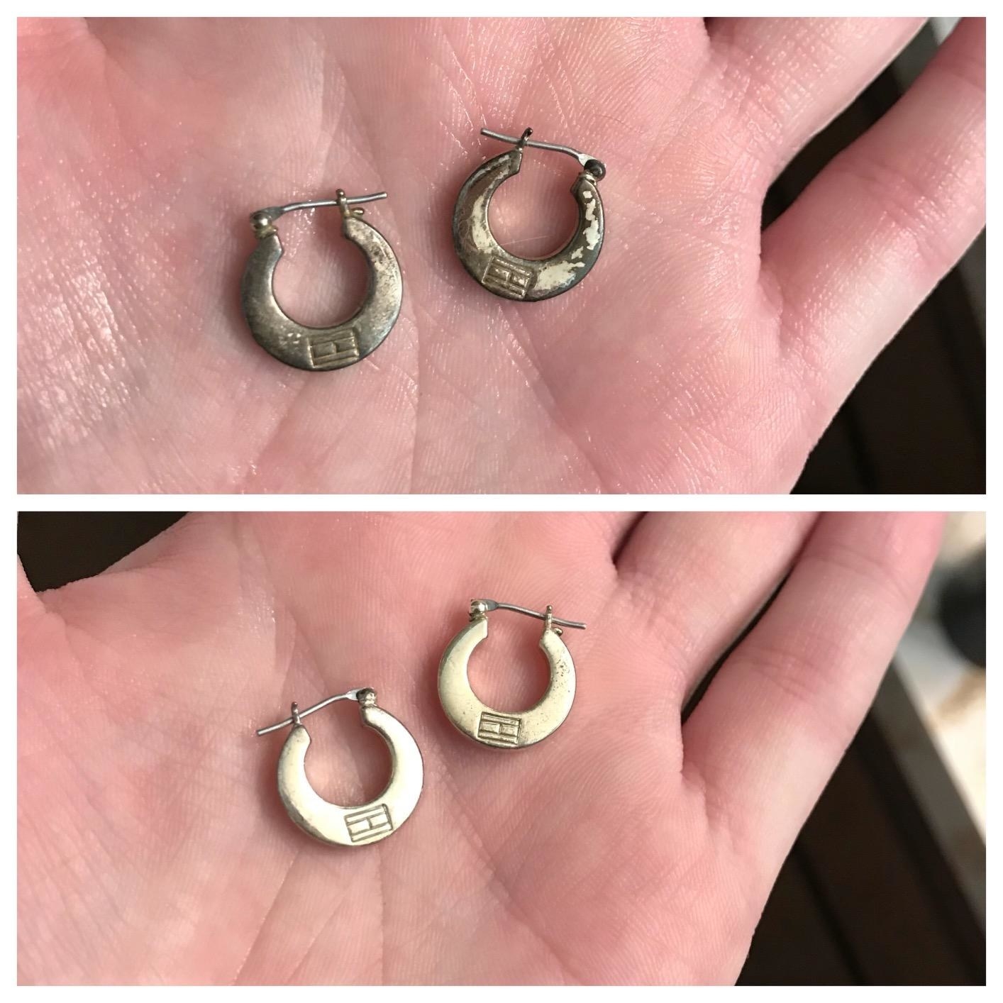 Reviewer image of before and after shot of tarnished gold earrings and cleaned up gold earrings
