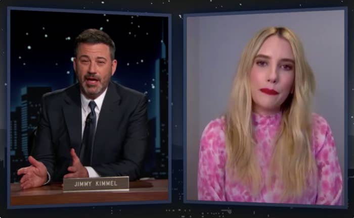Emma Roberts being interviewed via Zoom by Jimmy Kimmel