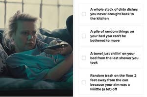 Kate Mckinnon laying on the couch and examples of lazy things from the quiz, like having a stack of dirty dishes or pile of things on your bed