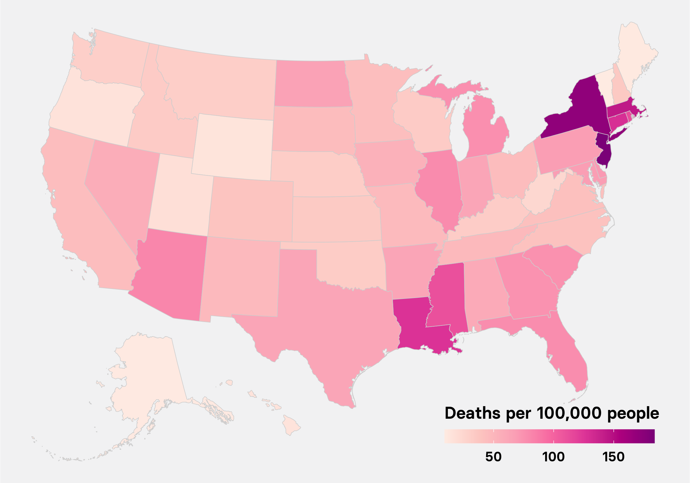 Map showing COVID-19 death rates for each state