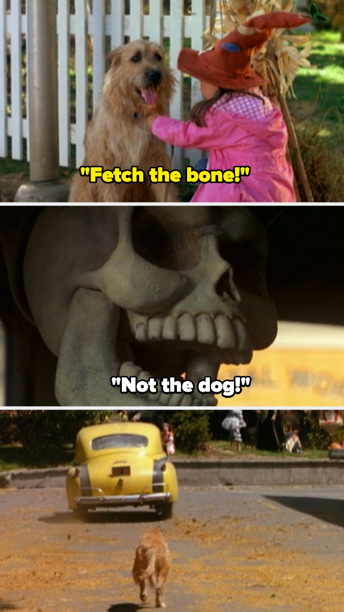 Sophie letting the dog off the leash and saying, &quot;Fetch the bone!&quot; and the dog running after the skeleton, who drives away