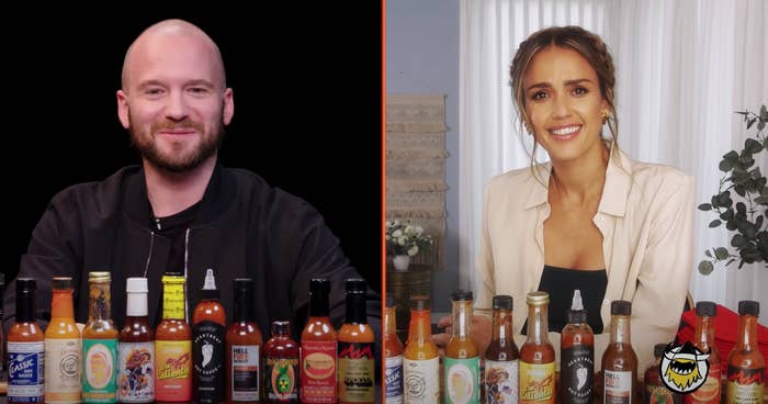 Sean Evans and Jessica Alba sit down with hot sauce and hot wings over a video call for the interview