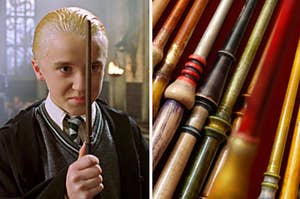 Draco is on the left holding his wand to his face with an assortment of wands on the right