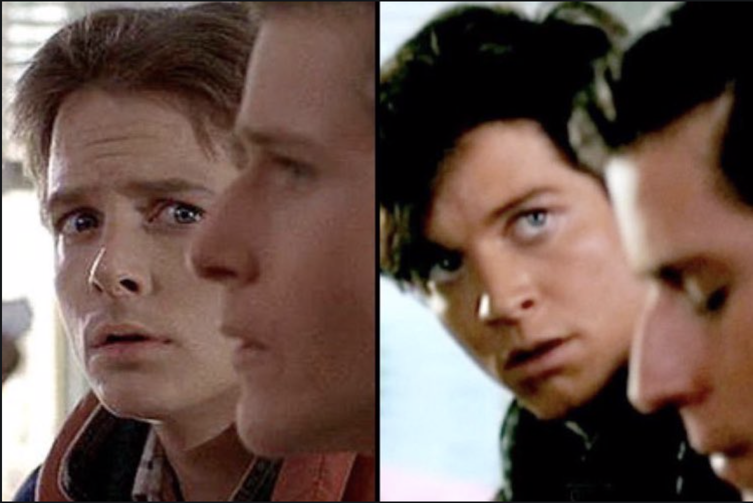 Eric Stoltz as Marty McFly side by side with Michael J. Fox as Marty