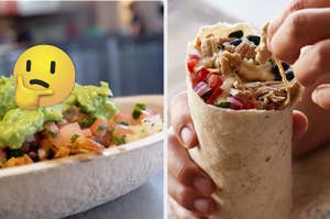 A burrito bowl is on the left with a think face emoji and a burrito being opened on the right