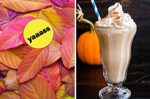 A pile of fall cherry leaves are on the left with a "yaaass" badge and a pumpkin spice latte on the right