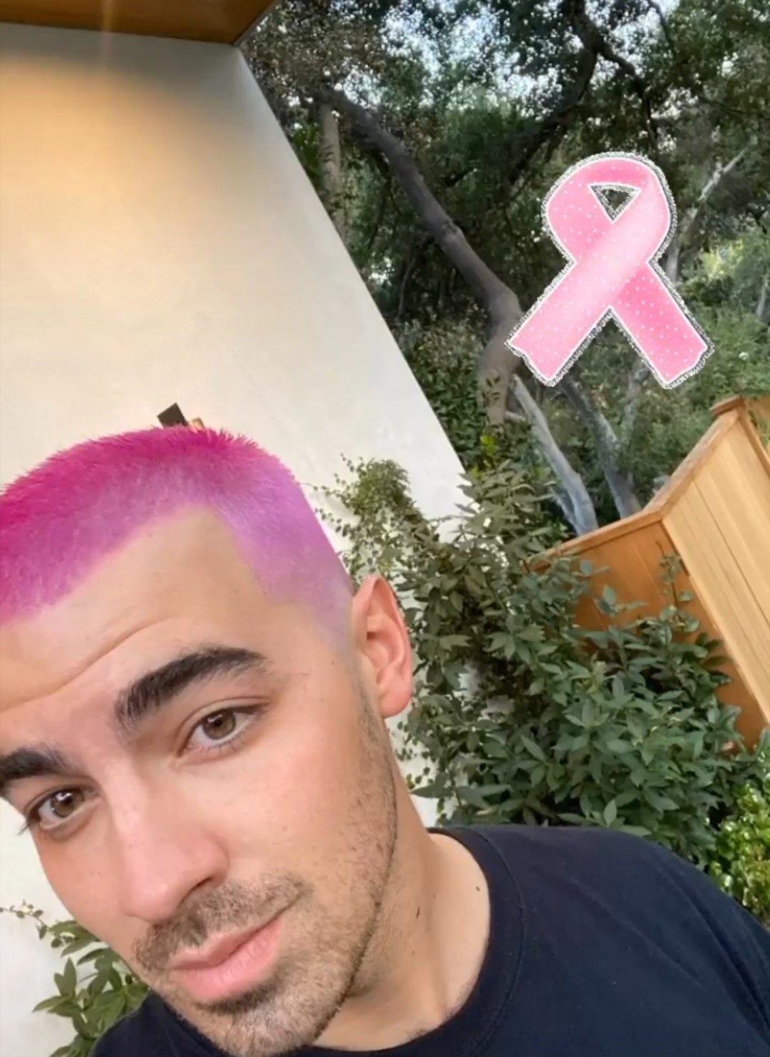 Joe&#x27;s selfie, debuting his hot pink blond buzzcut with a pink ribbon sticker in the upper corner of the photo