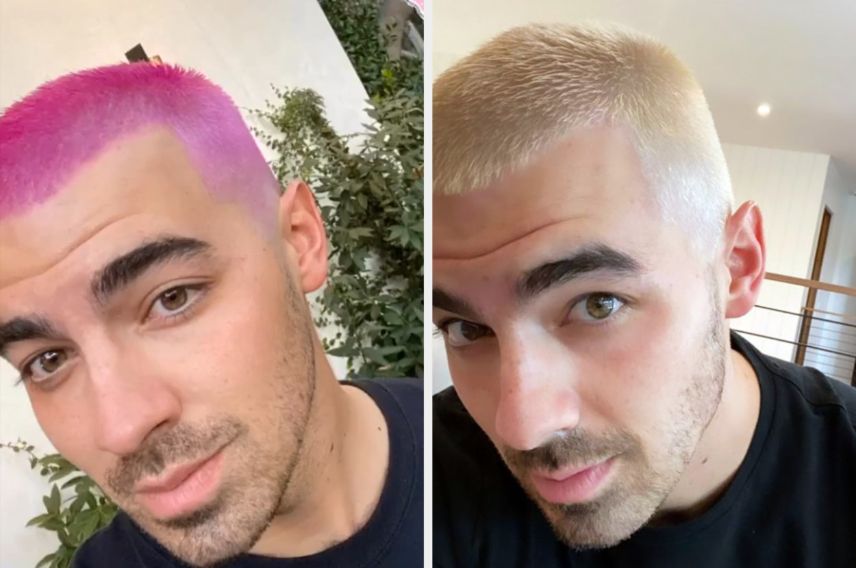 Joe&#x27;s selfies with pink hair and blonde hair, both with him close to the camera, almost like he&#x27;s making eye contact with you