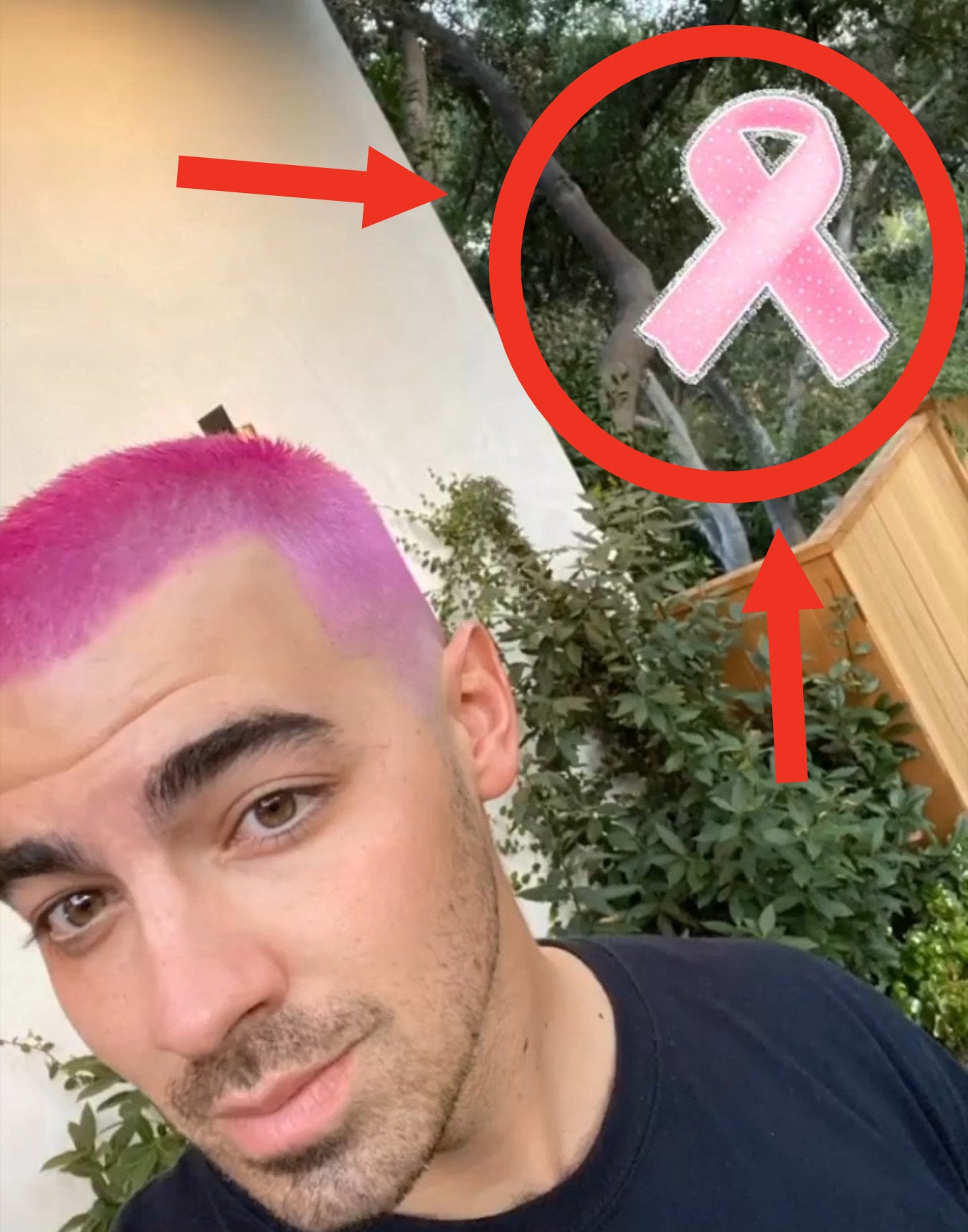 The pink ribbon is circled with arrows surrounding it for emphasis