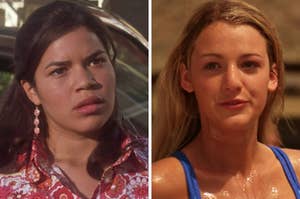 On the left, America Ferrara as Carmen in "The Sisterhood of the Traveling Pants," and on the right, Blake Lively as Bee in "The Sisterhood of the Traveling Pants" 
