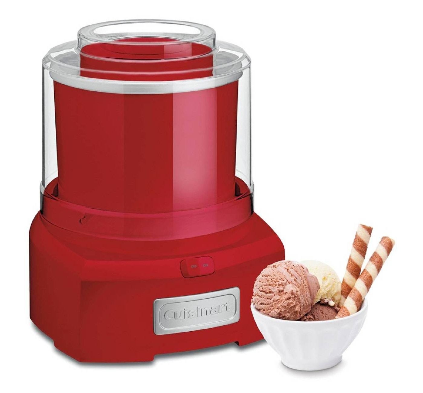 The ice cream maker, which is red, with a cylindrical top and rectangular base
