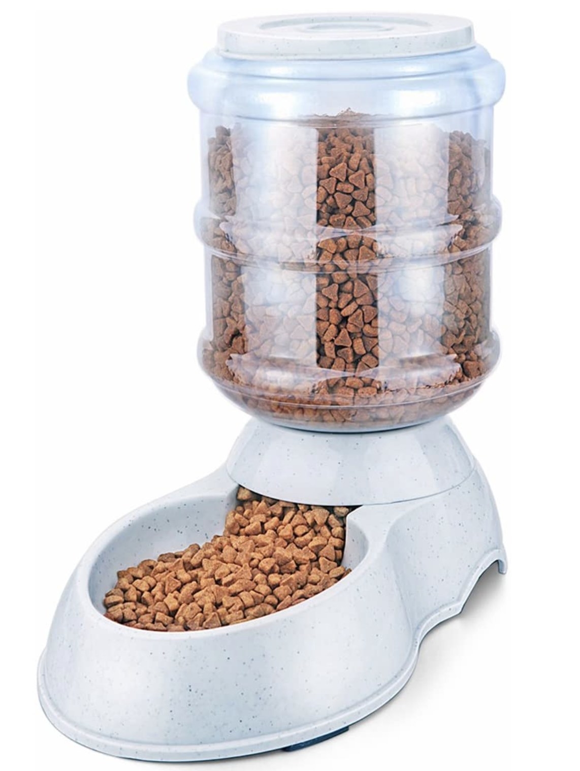 a pet feeder with kibble inside. the feeder has a grey base and a translucent well