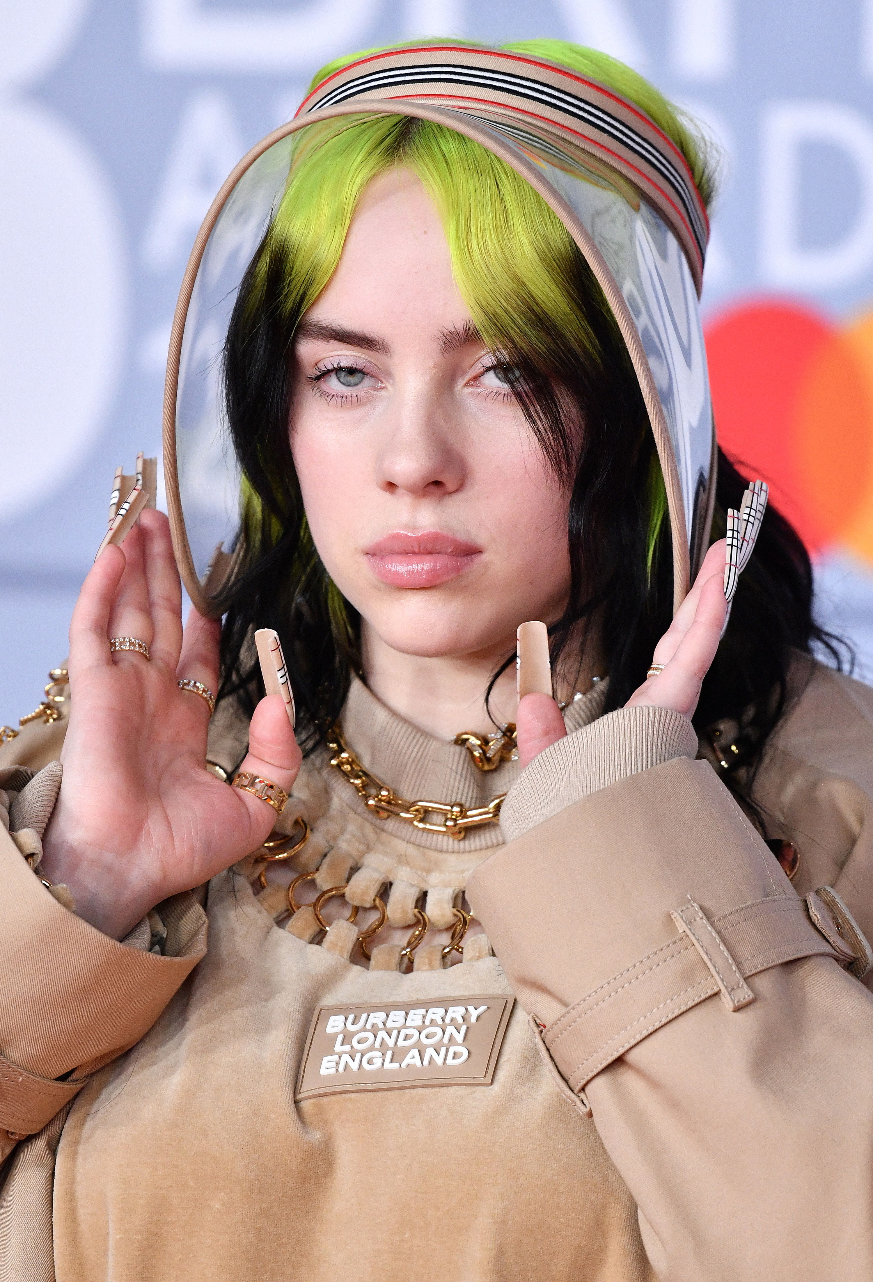 Billie posing on the red carpet for the 2020 Brit Awards