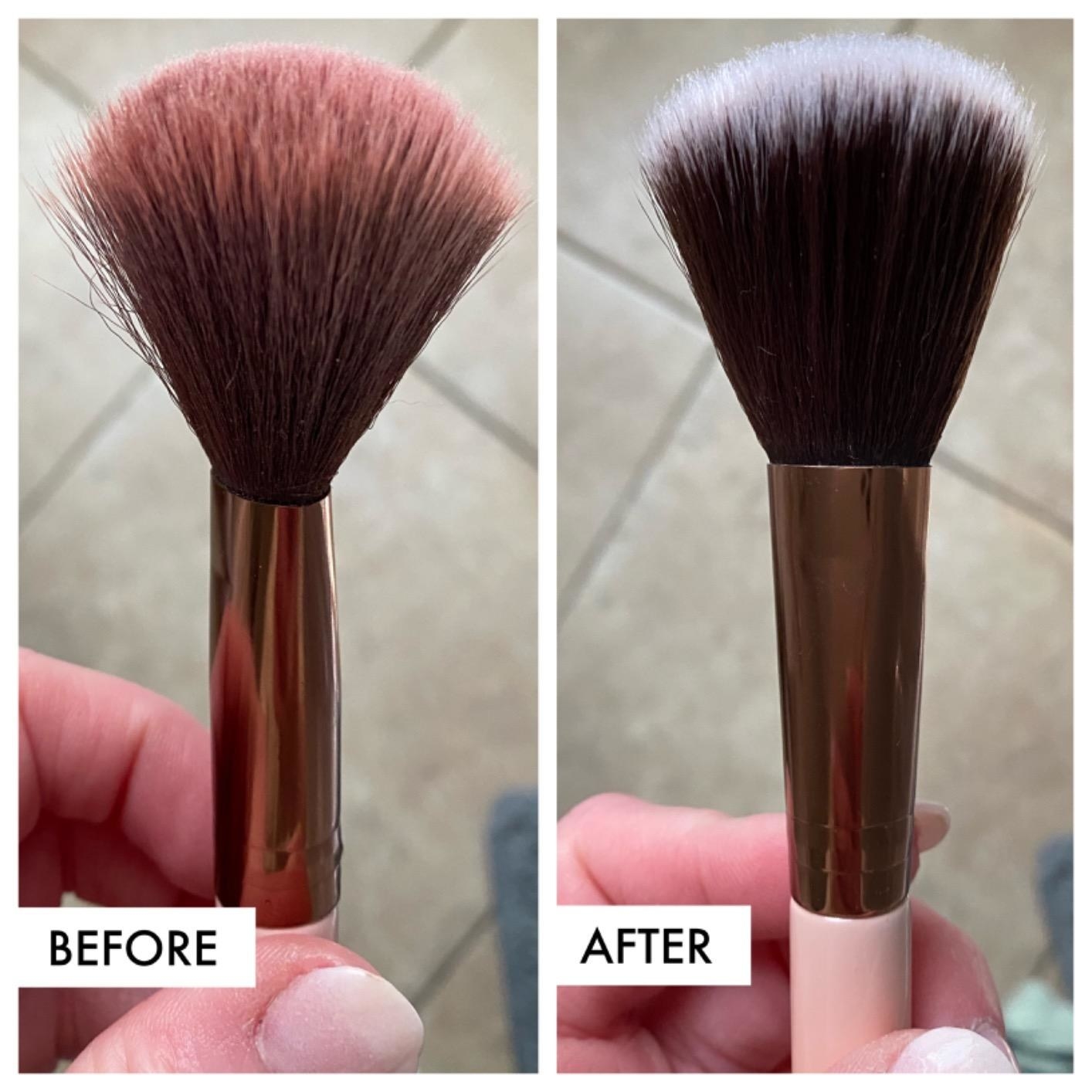 Reviewer before and after shot of dirty and clean makeup brushes after using brush shampoo