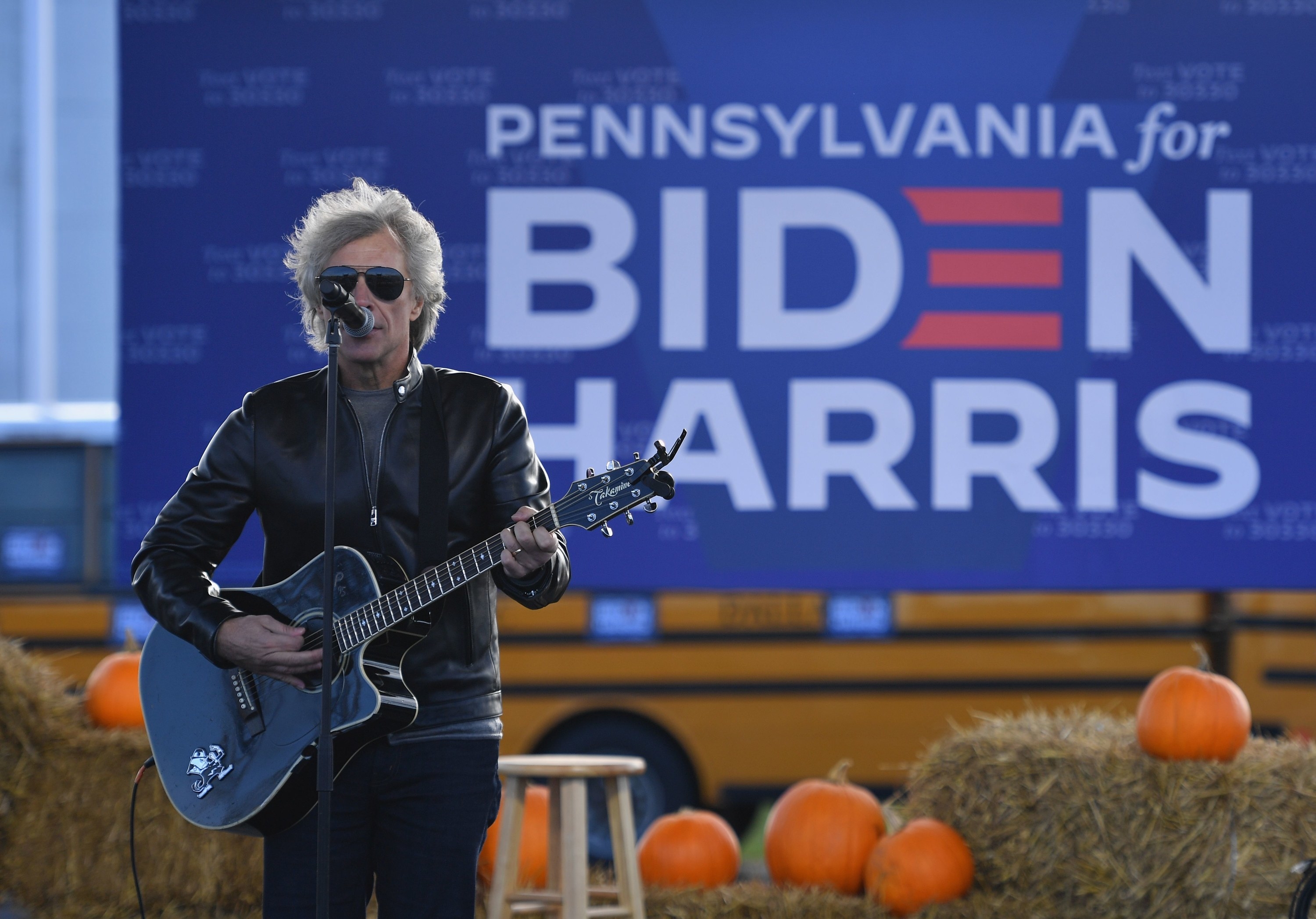 Jon Bon Jovi singing at a Biden/Harris fundraiser in Pennsylvania