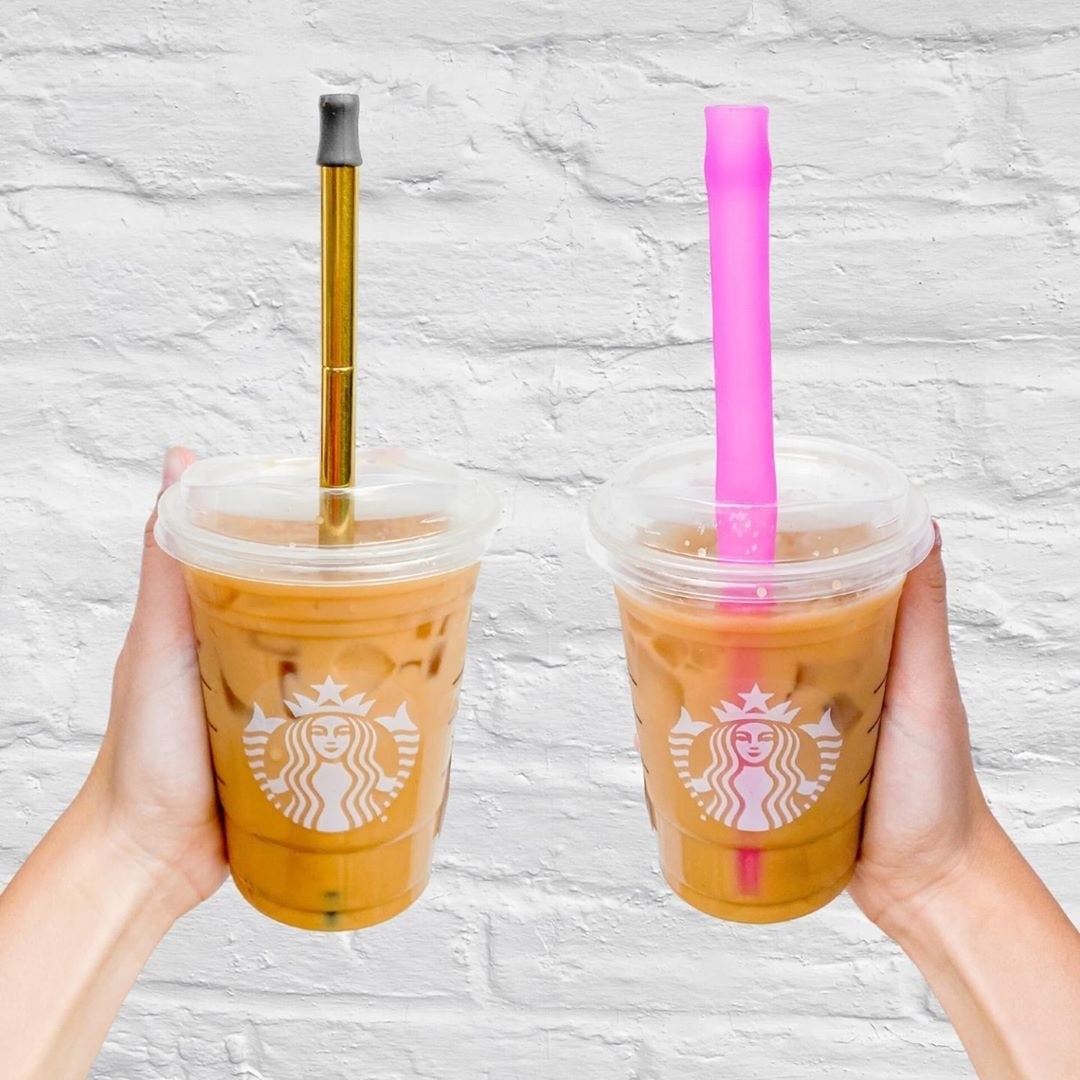 two models holding a starbucks drink each with a different finalstraw in it