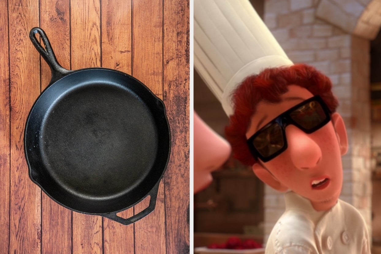 Empty cast iron pan and Alfredo from &quot;Ratatouille&quot; wearing sunglasses and chef&#x27;s hat 