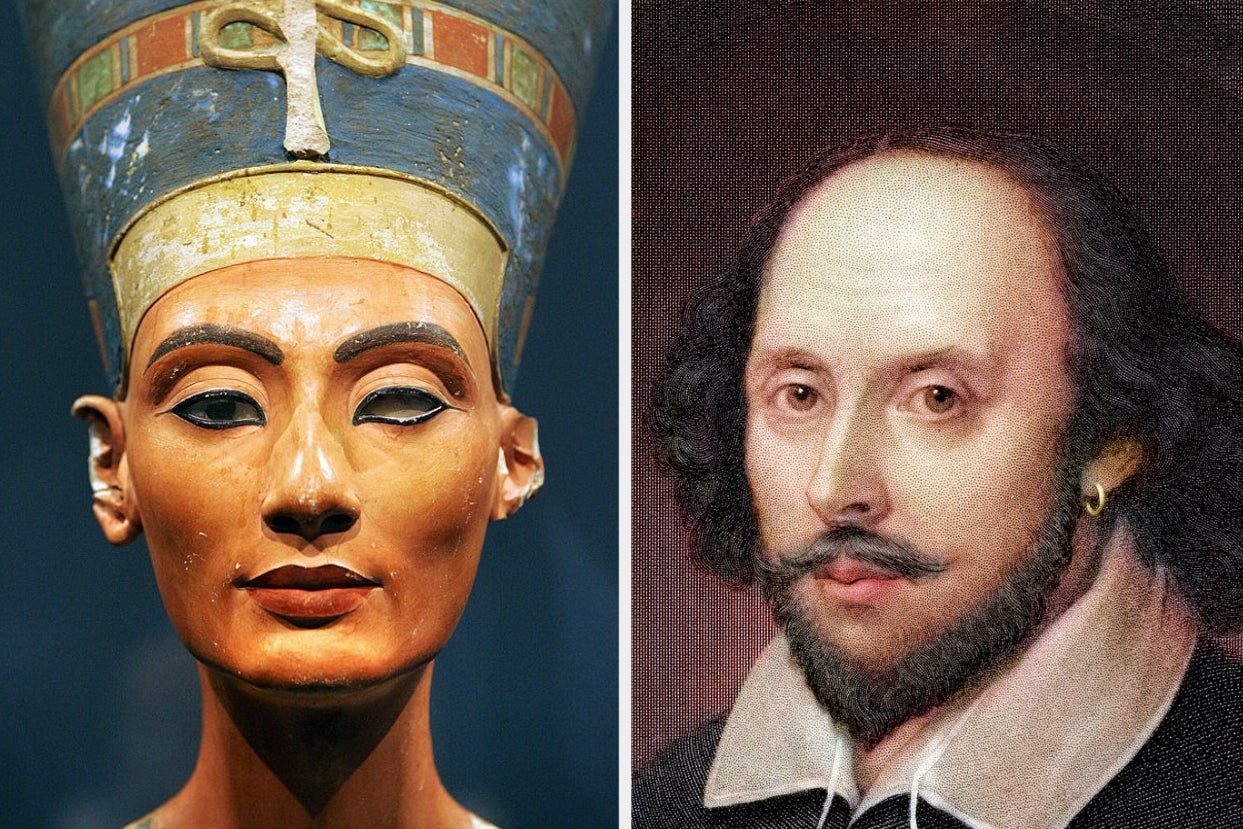 Nefertiti sculpture and Shakespeare print 