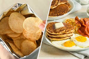 On the left, an open potato chip bag, and on the right, a plate with pancakes, bacon, hash browns, and fried eggs