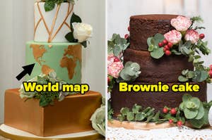 A wedding cake with a world map on it, and a wedding cake made of brownies