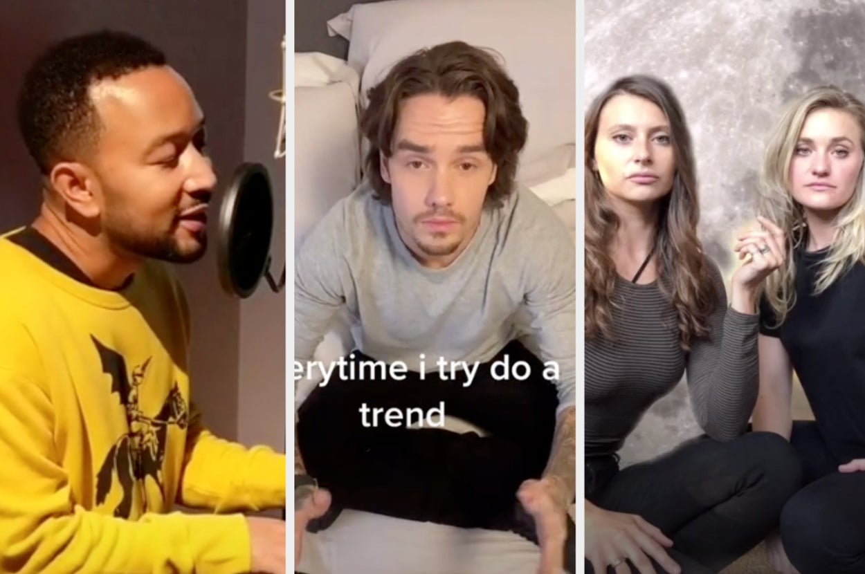 John Legend singing, Liam Payne sitting, and Aly and AJ posing