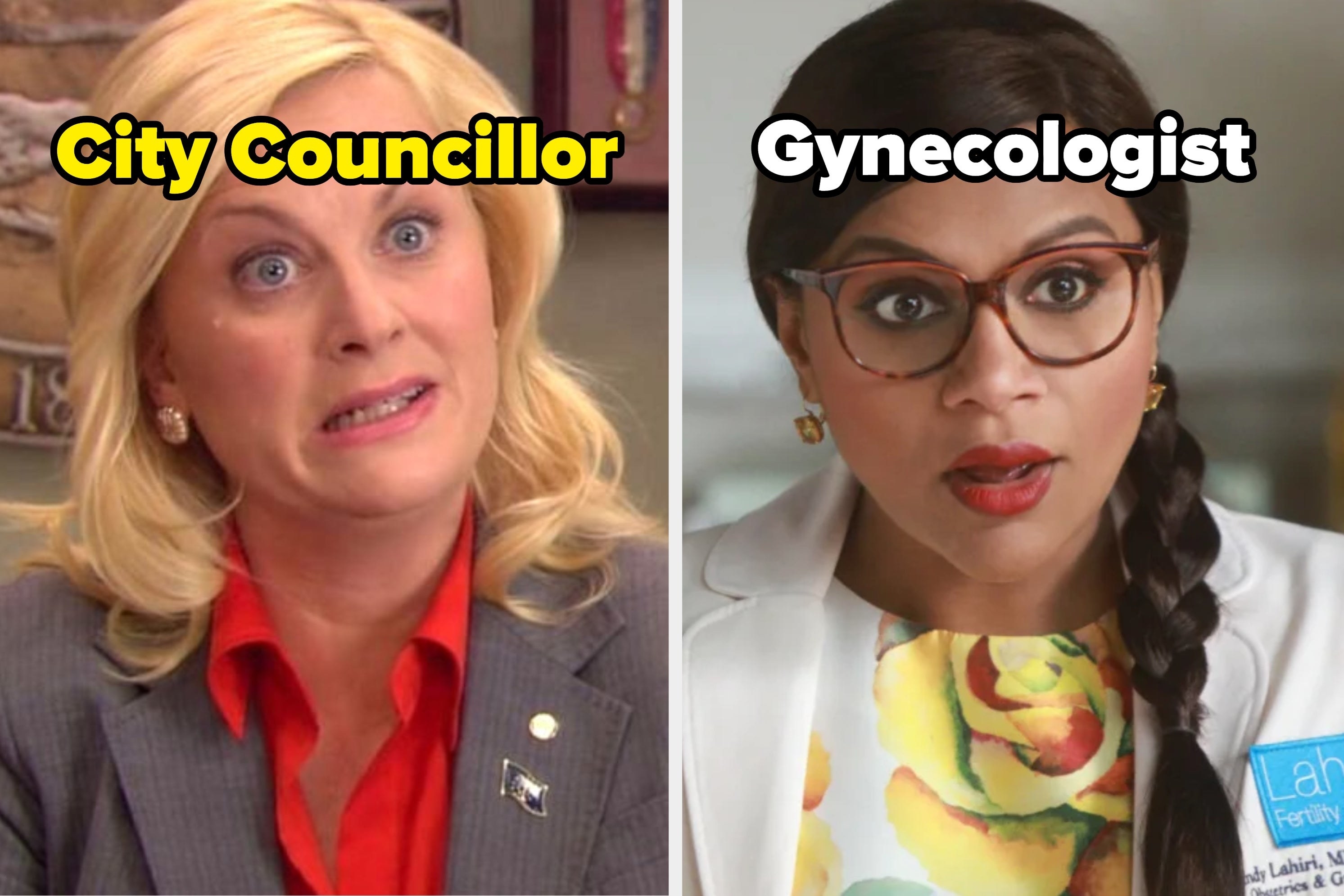 Leslie from &quot;Parks and Recreation&quot; with the words &quot;City Councillor&quot; and Mindy from &quot;The Mindy Project&quot; with the word &quot;Gynecologist&quot; 