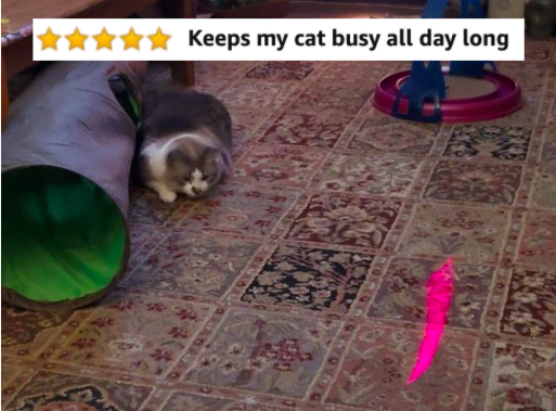 cat playing with the laser toy with five-star caption &quot;keeps my cat busy all day long&quot;