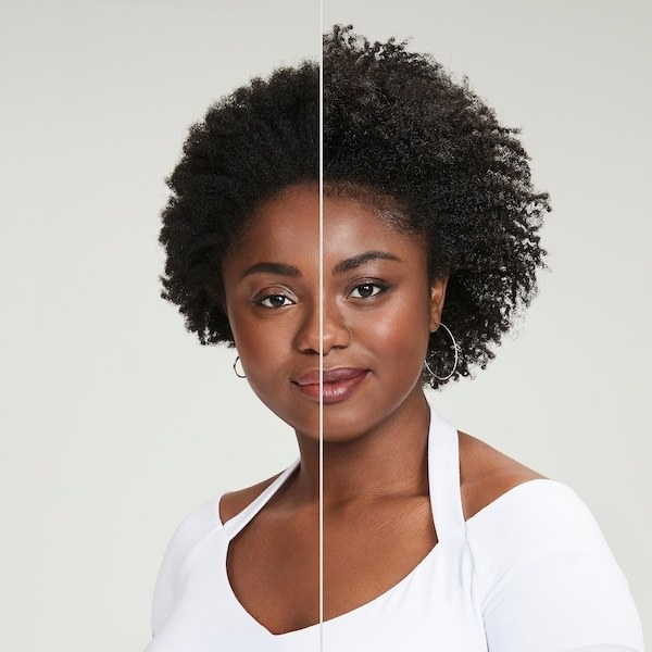On the left, a model&#x27;s curls looking a bit frizzy, and on the right, the same model&#x27;s curs now looking more defined, longer, and more bouncy