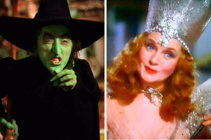 The Wicked Witch of the West casting a curse next to Glinda the Good Witch smiling sweetly