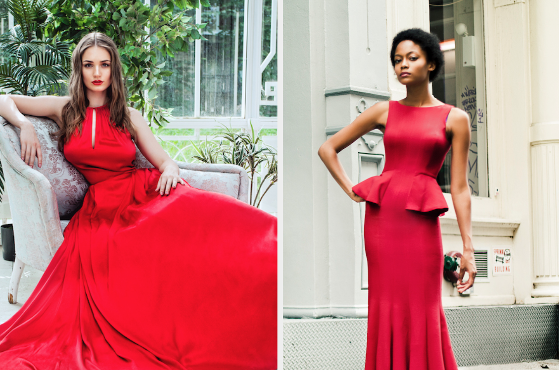 Two women in red floor-length gowns 